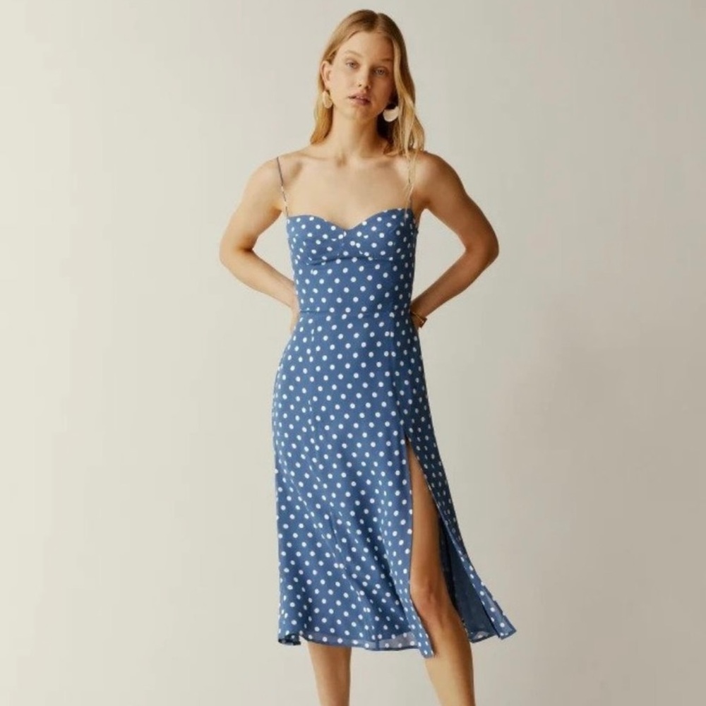 Reformation blue polka dot dress (Juliette Dress)